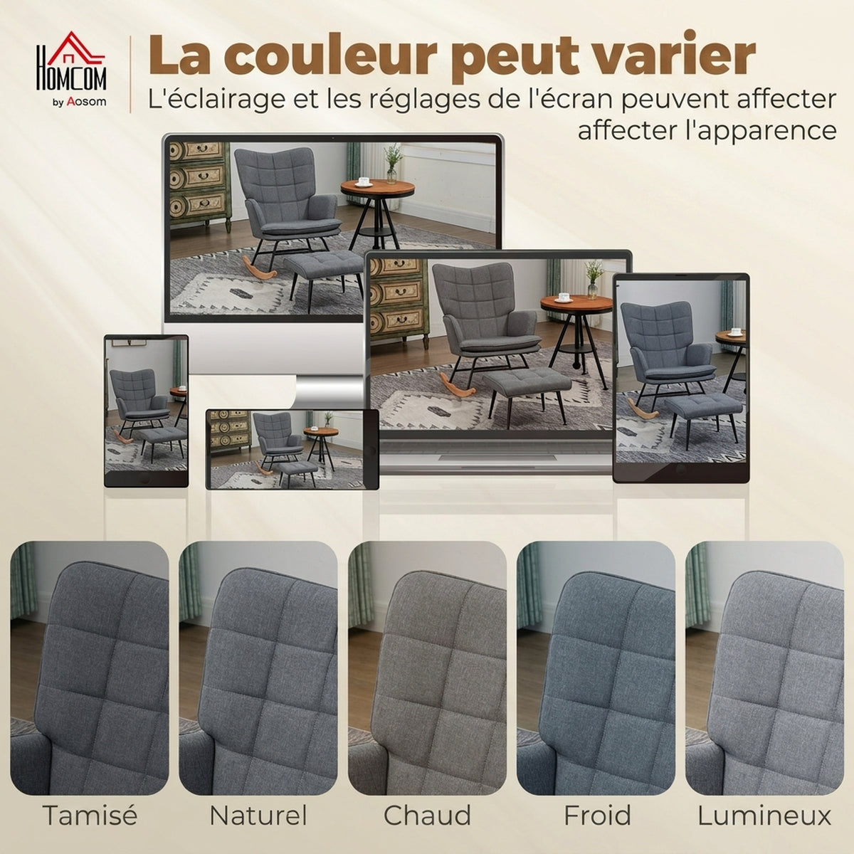 Fauteuil à bascule avec repose-pieds, rocking chair, assise large, dossier haut, coussin inclus, 64 x 89 x 90 cm, gris