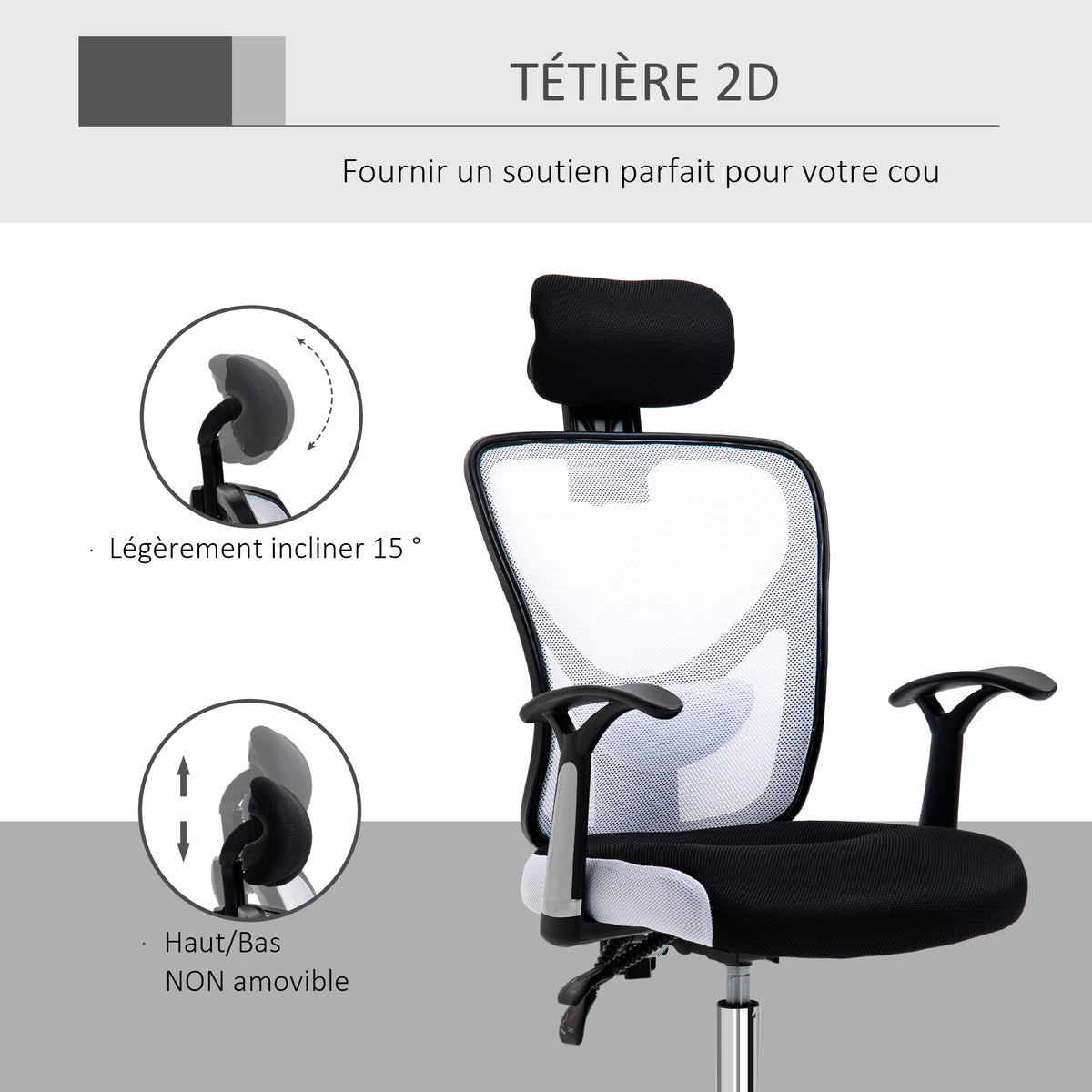 Fauteuil de bureau, chaise de bureau en maille avec hauteur réglable, dossier inclinable, 62x67x118cm, noir et blanc