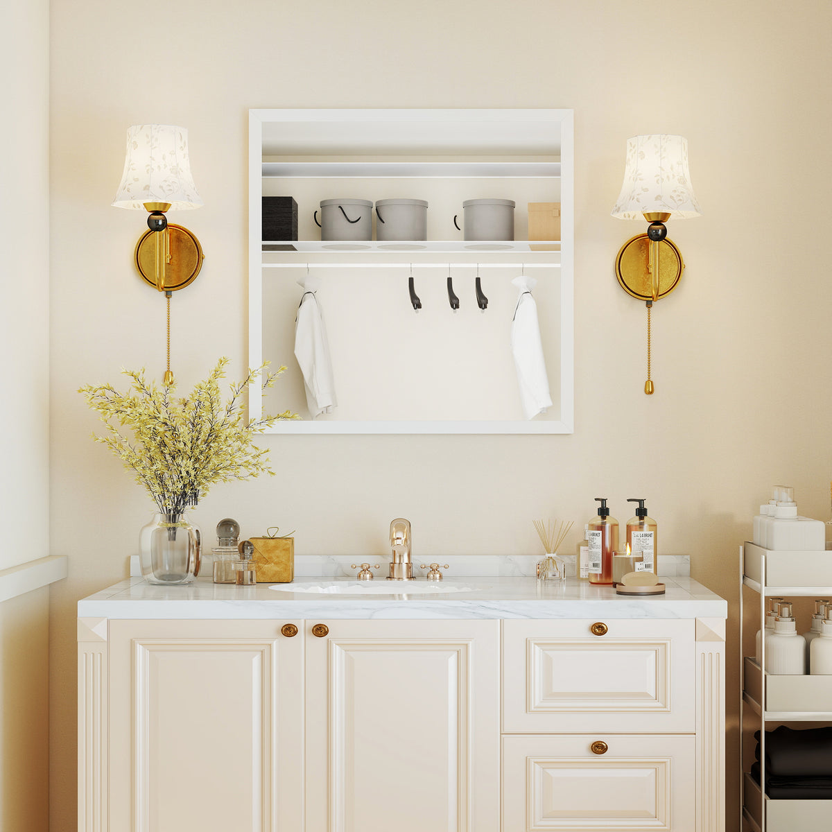 Miroir mural carré 50 x 50 cm, cadre en bois blanc, idéal pour la salle de bain, salon ou chambre