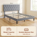 Estructura de cama de 140 x 190 cm con somier, cama doble tapizada en lino, cabecero capitoné, soporte de 10 listones, gris