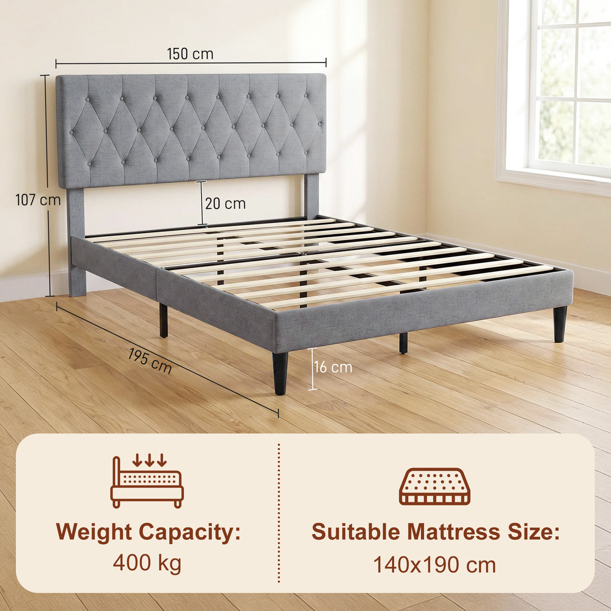 Estructura de cama de 140 x 190 cm con somier, cama doble tapizada en lino, cabecero capitoné, soporte de 10 listones, gris