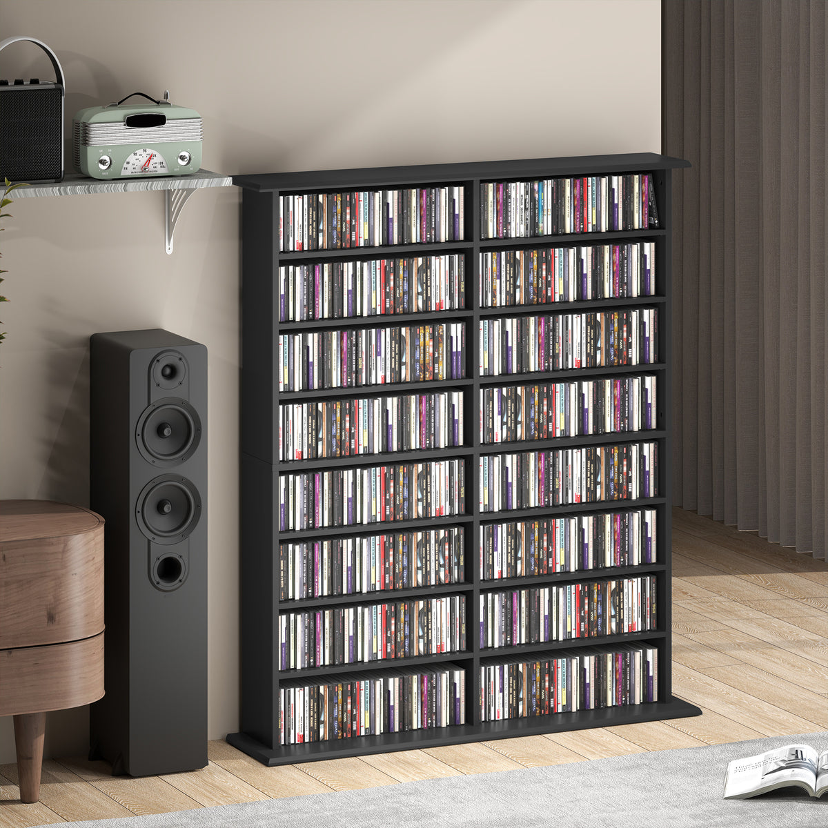 Rangements pour CD et DVD avec 16 compartiments et 12 étagères réglables capacité max. 720 CD/396 DVD et Blu-ray noir