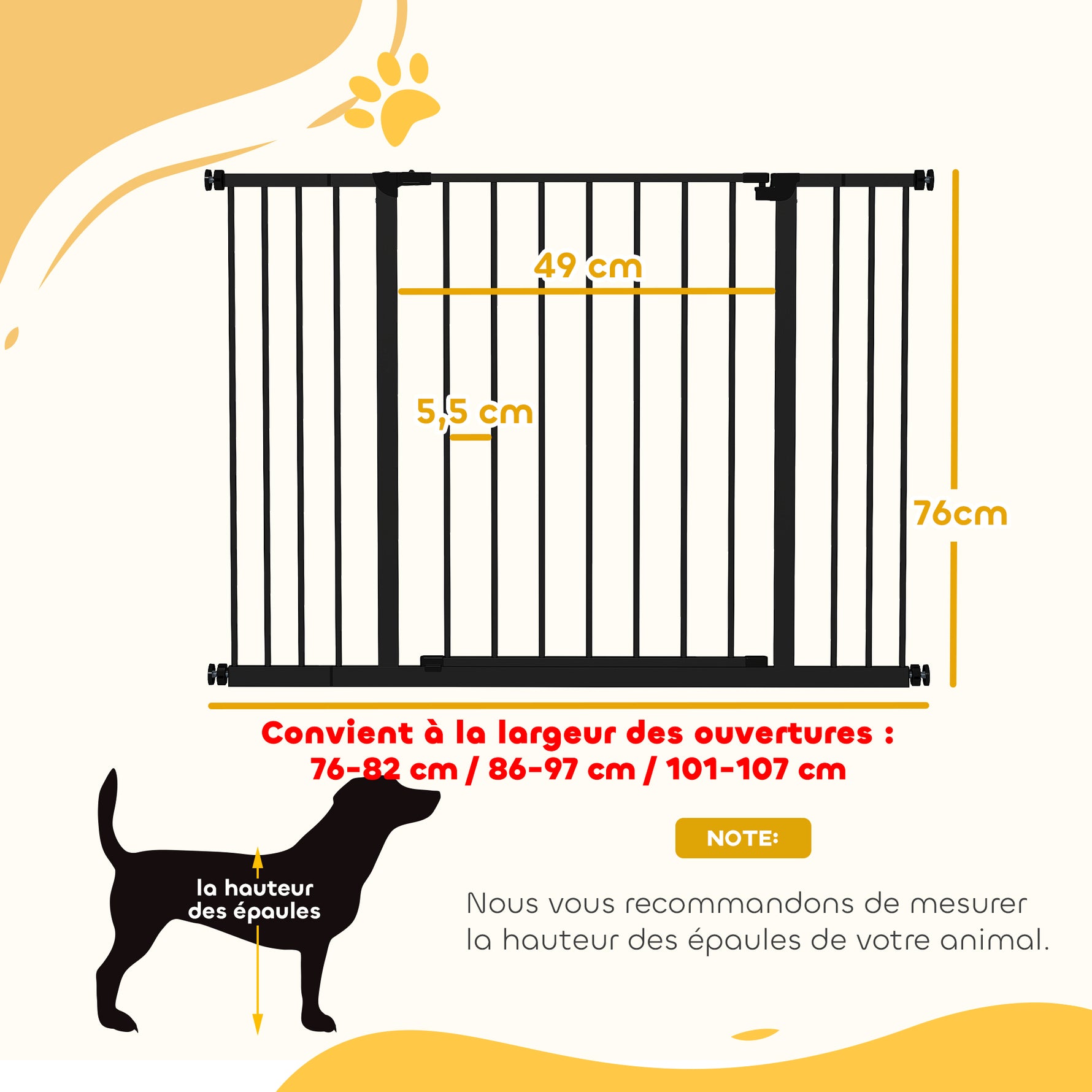 Barrière de Sécurité Chien Réglable 76-107 cm, avec 2 Rallonges (10/15 cm), Ouverture d'une Main, sans Perçage, Noir