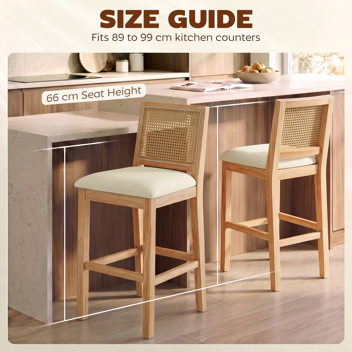 2er-Set Barhocker, Barstühle mit Rückenlehne in Rattan-Optik, gepolsterte Sitzfläche aus Chenille, 66 cm Sitzhöhe, Creme