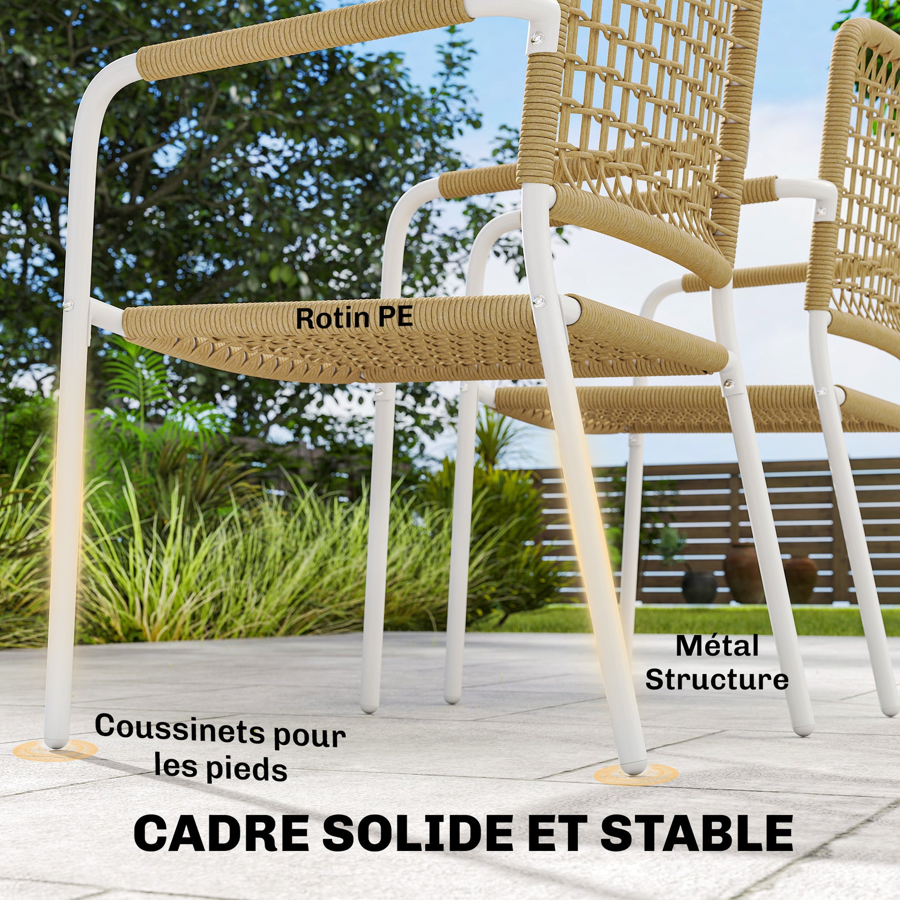 Lot de 2 Chaises de Jardin Empilables en Résine Tressée avec Accoudoirs et Dossier, 55x57x82cm, Jaune