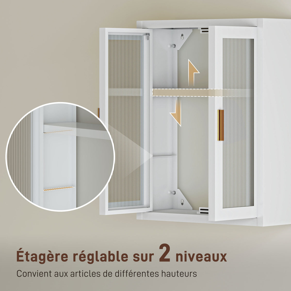 Armoire murale de salle de bain, meuble haut salle de bains avec 2 portes cannelées, étagère réglable, 40x14x50cm, blanc