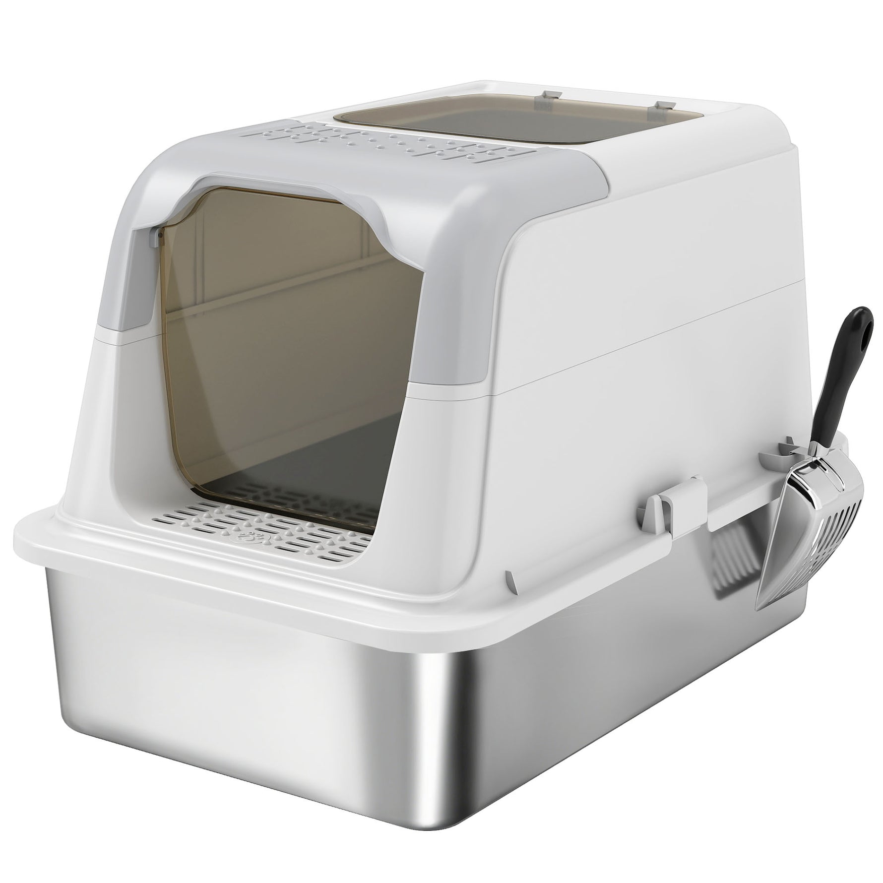 Maison de toilette pour chat bac à litière fermé bac acier inoxydable, nettoyage facile, 60,4 x 40,4 x 41,8 cm, blanc