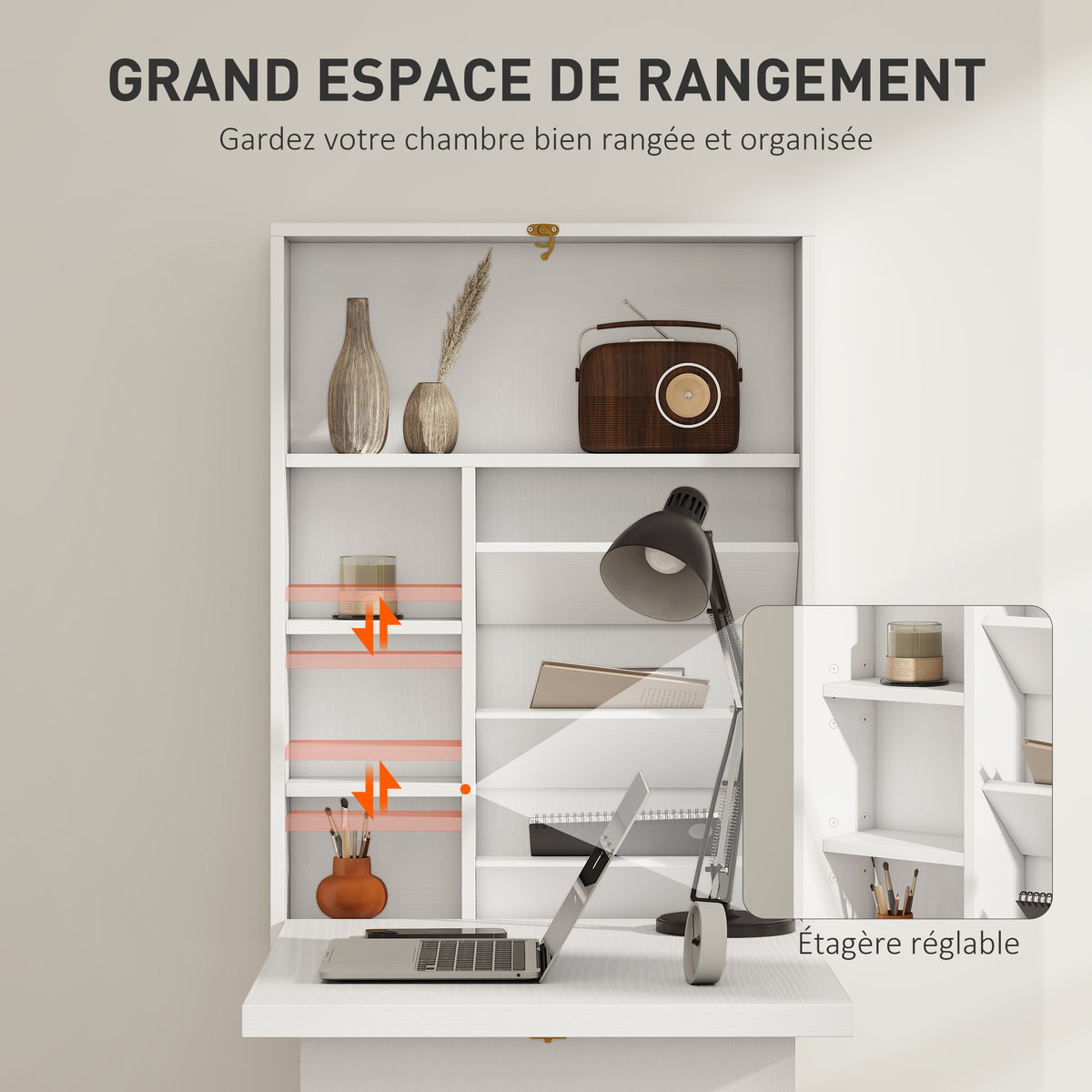 Bureau pliable mural, table murale pliante avec étagères pour salon, salle à manger, bureau, 93,8 x 60 x 147 cm, blanc