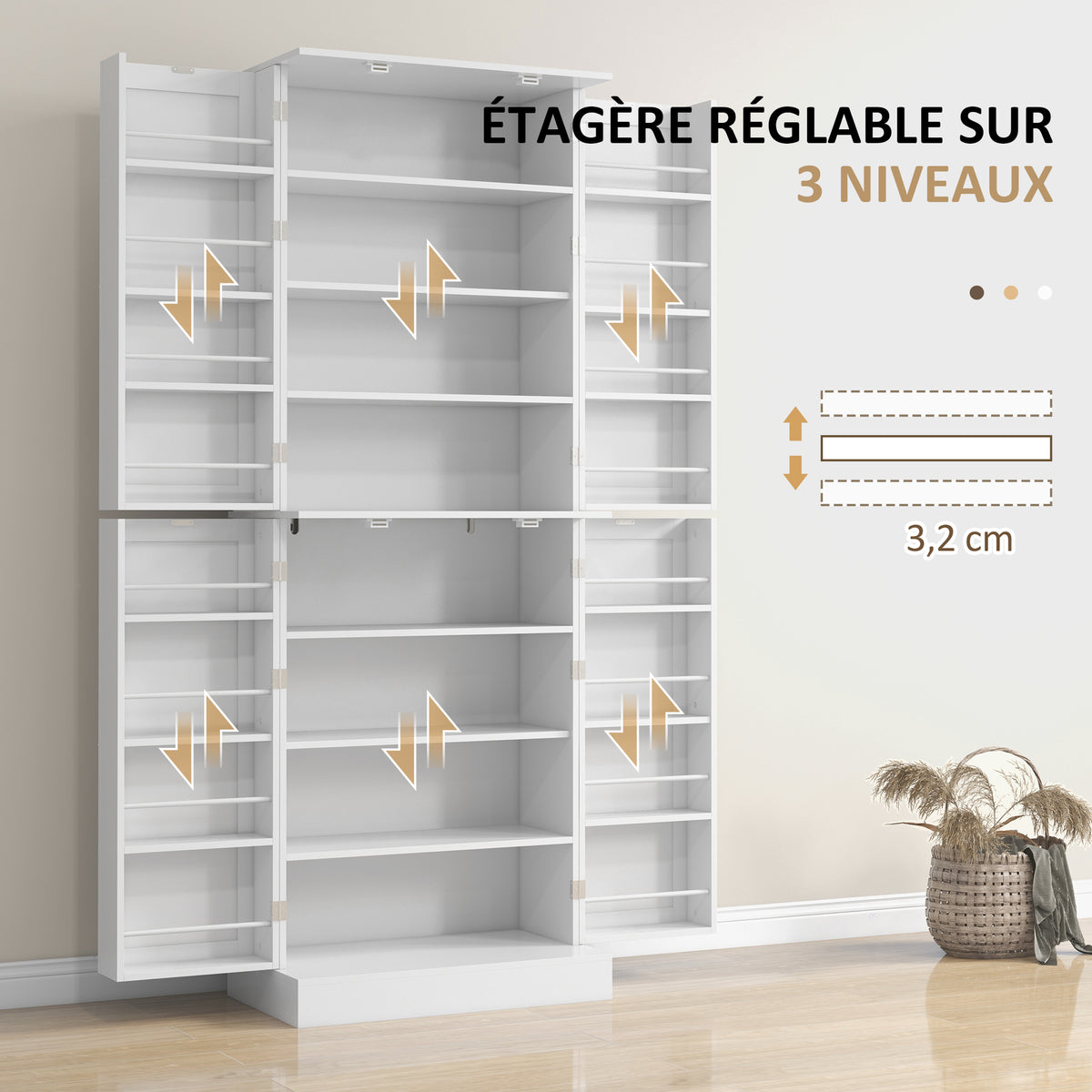 Armoire de cuisine buffet cuisine avec placards, étagère réglable et porte-épices, 60 x 35 x 166 cm, blanc