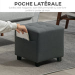 Poggiapiedi da salotto, pouf, seduta imbottita capitonné in tessuto effetto lino con tasca laterale, 35 x 35 x 35 cm, grigio