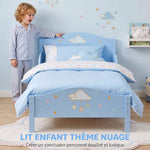Lit Enfant 70 x 140 cm, Lit pour Enfant avec Barrière de Sécurité et Sommier à Lattes en Bois, Motif Nuage, Bleu