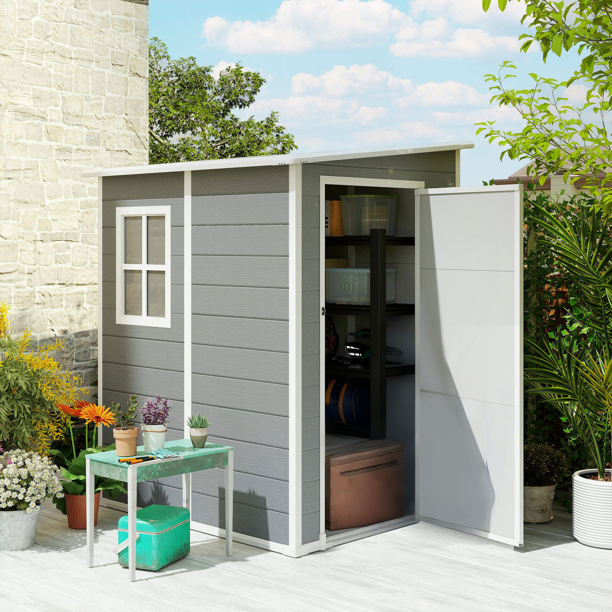 Tuinhuisje 1,54 m² voor gereedschap, afsluitbare deur, ventilatie en raam, afm. 122L x 149B x 192/177H cm, grijs