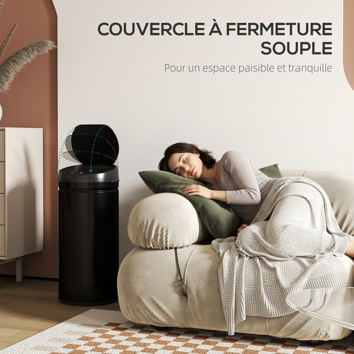 Poubelle cuisine automatique 42L acier inoxydable, poubelle à couvercle à fermeture en douceur, 30,5x30,5x68cm, noir