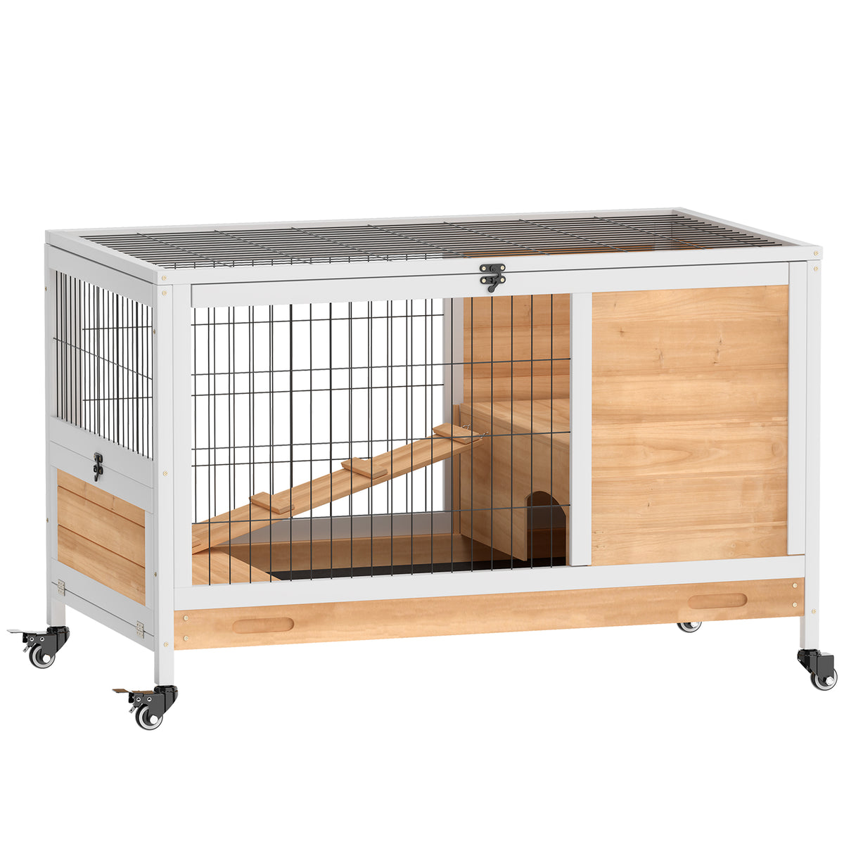 Clapier lapin intérieur clapier pour cochon d'inde en bois avec toit ouvrant et roulettes 90 x 53 x 59 cm jaune et blanc