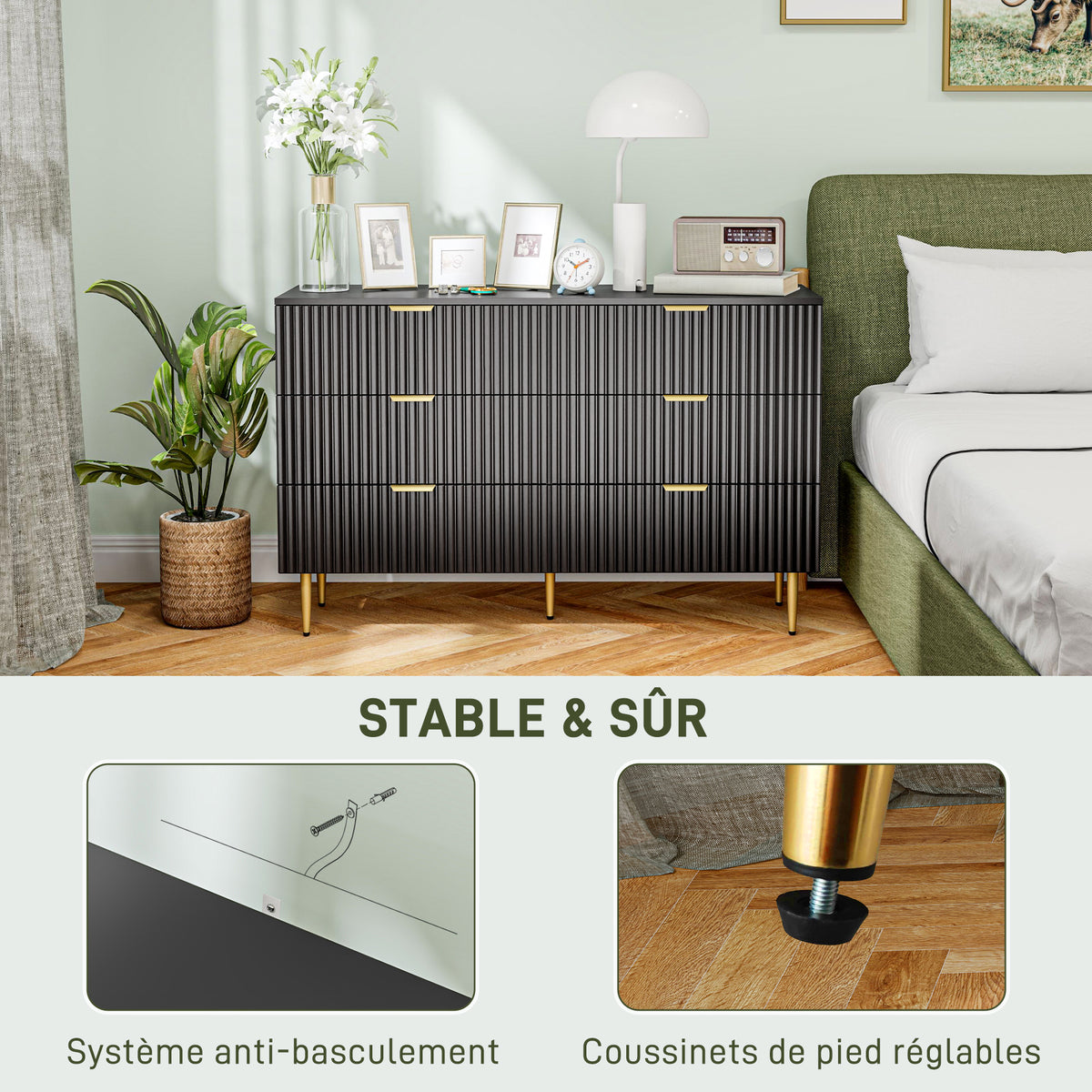 Commode 6 tiroirs commode chambre meuble de rangement moderne avec poignées et pieds dorés, 120 x 40 x 76,5 cm, noir