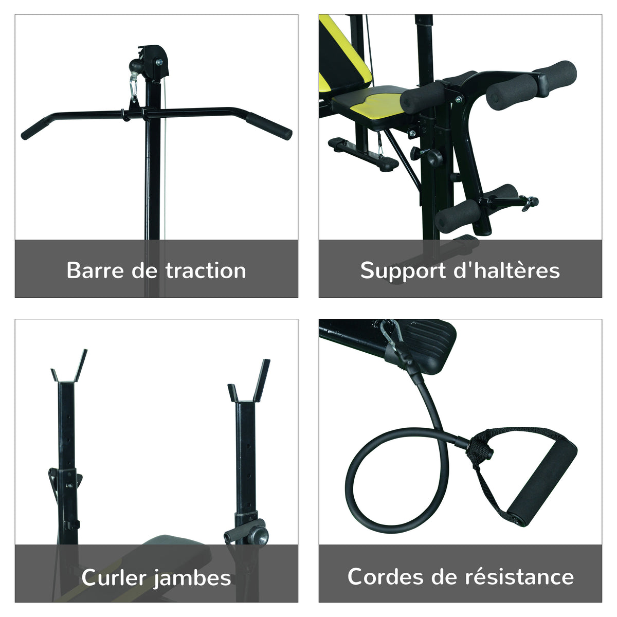 Banc de musculation Fitness entrainement complet dossier réglable cordes traction curler supports barre et haltères noir et jaune