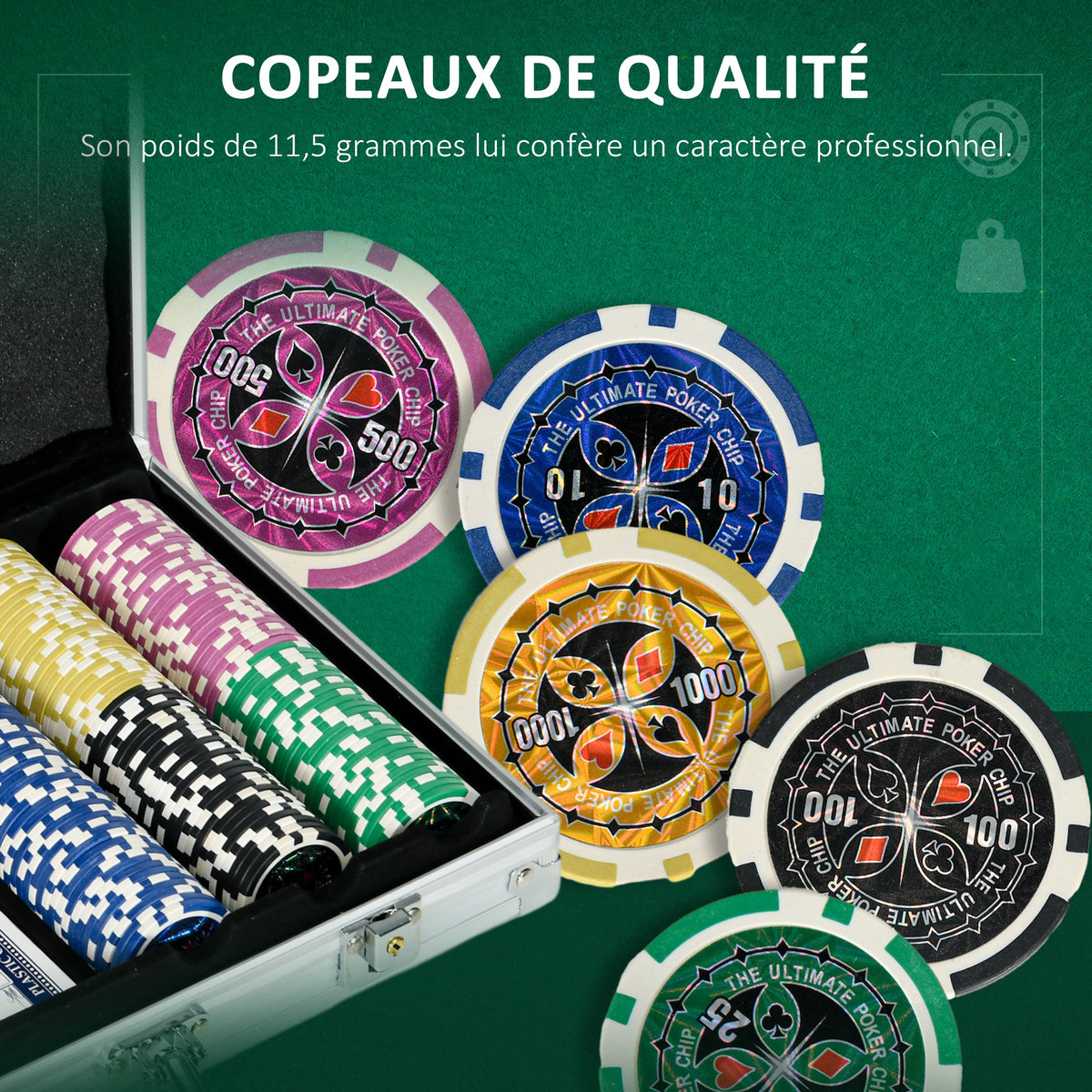Poker-Koffer, komplettes Poker-Set, abschließbar, mit 300 Chips, 2 Kartendecks, 3 Buttons, 1 Filzmatte