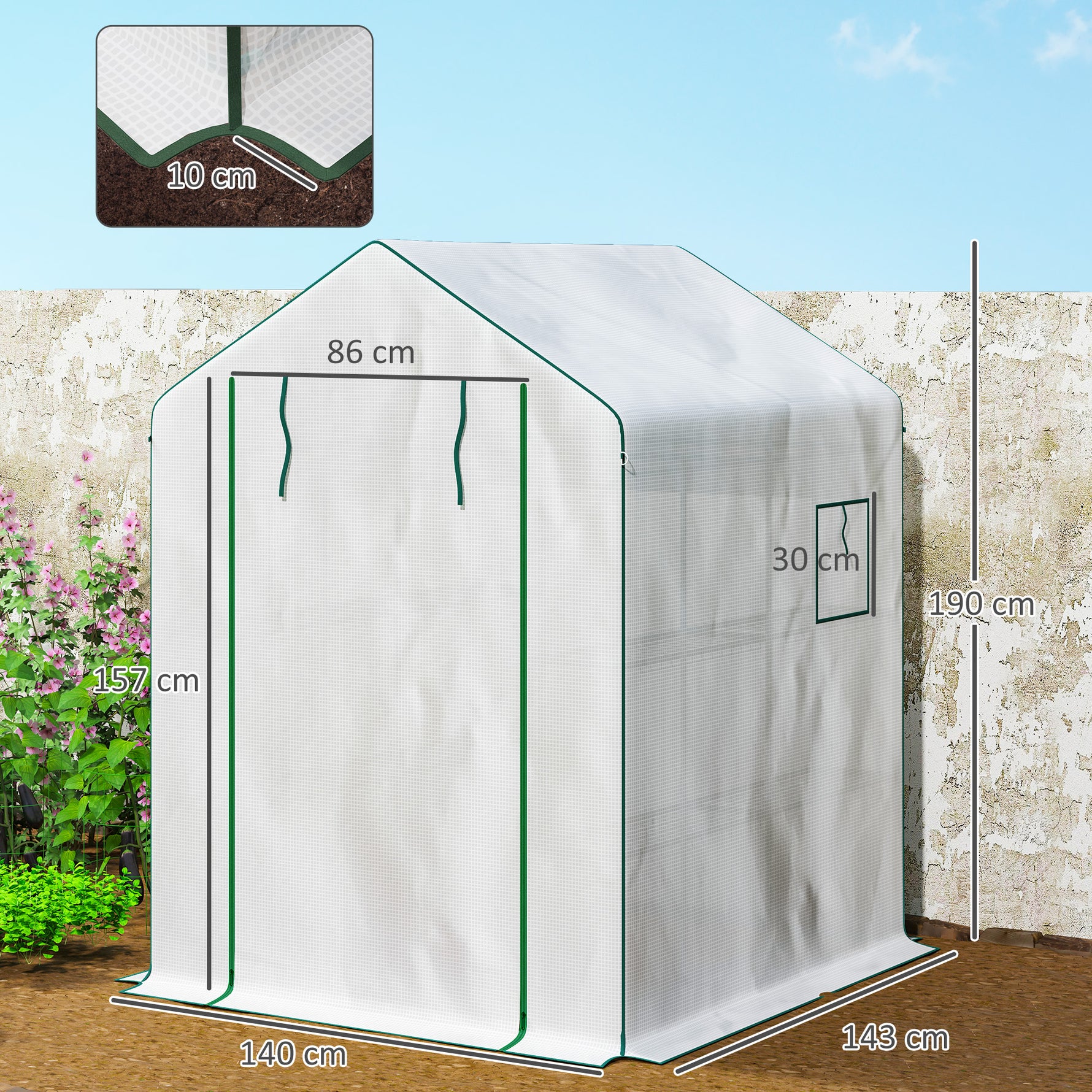 Serre de jardin avec 1 porte 2 fenêtres étagères 3 niveaux pour Légumes Plantes Fleurs Bâche PE 140 x 143 x 190 cm blanc