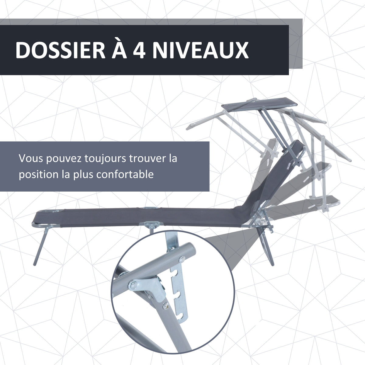 Lot de 2 Transats Bain de Soleil Pliable Chaise Longue Pliante Grand Confort Dossier Inclinable Pare-Soleil réglable
