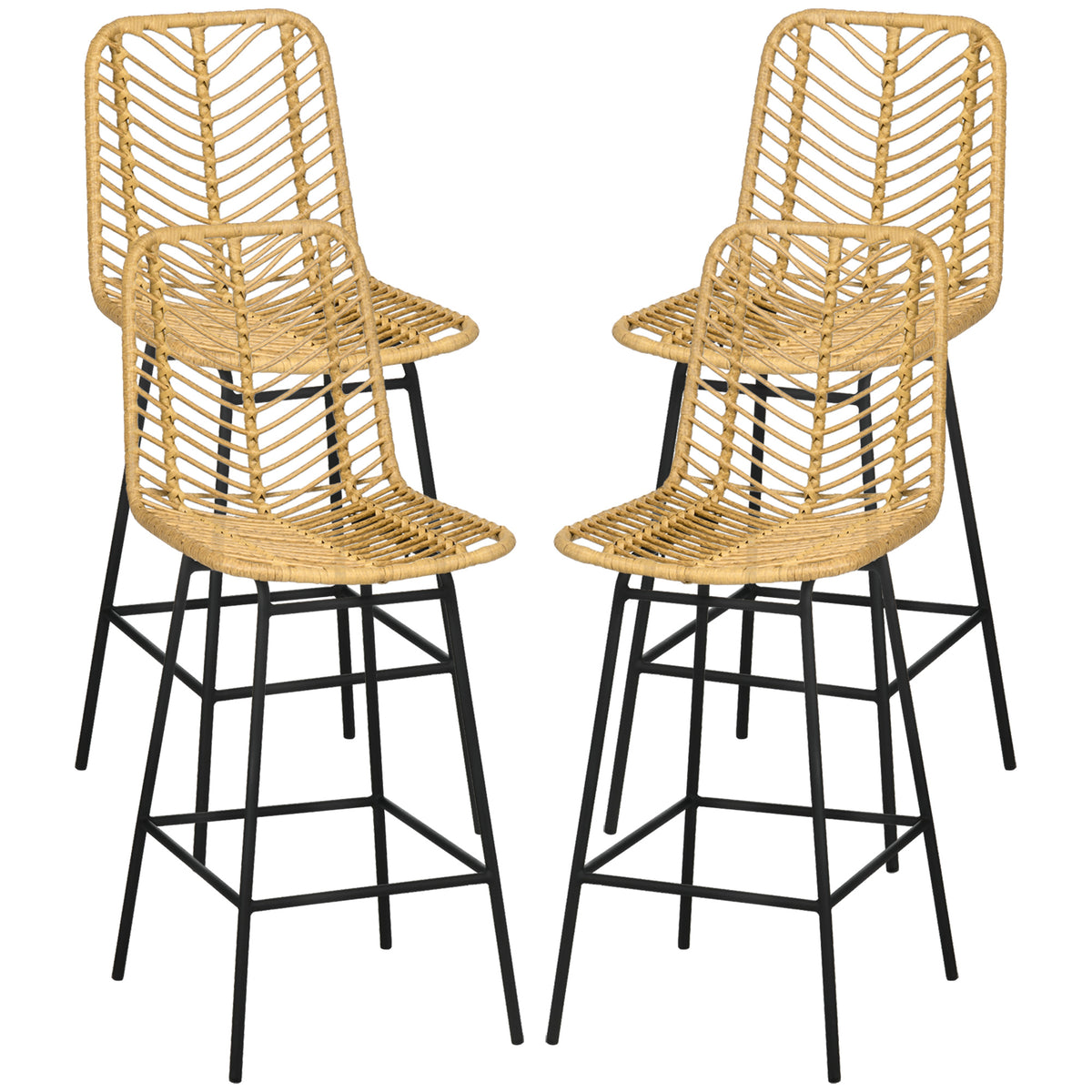 Set di 4 sgabelli da bar, sedie da bar, schienale in canna d'India e poggiapiedi, struttura in acciaio, 42,5x52x102cm, giallo