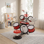 Kinderschlagzeug-Set mit Hocker, elektronischem Keyboard, Mikrofon, USB-Anschluss, 77,5x40x76,5 cm, Rot