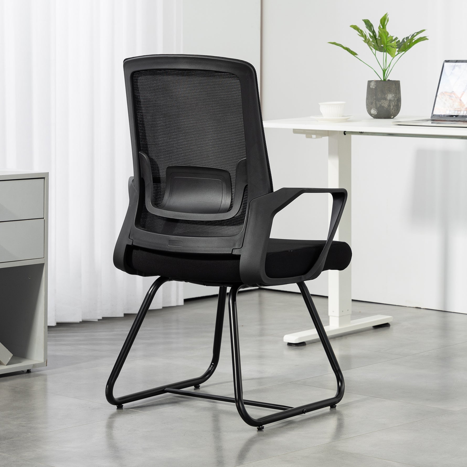 Chaise de bureau ergonomique sans roulettes, chaise de conférence avec dossier en maille, soutien lombaire, noir