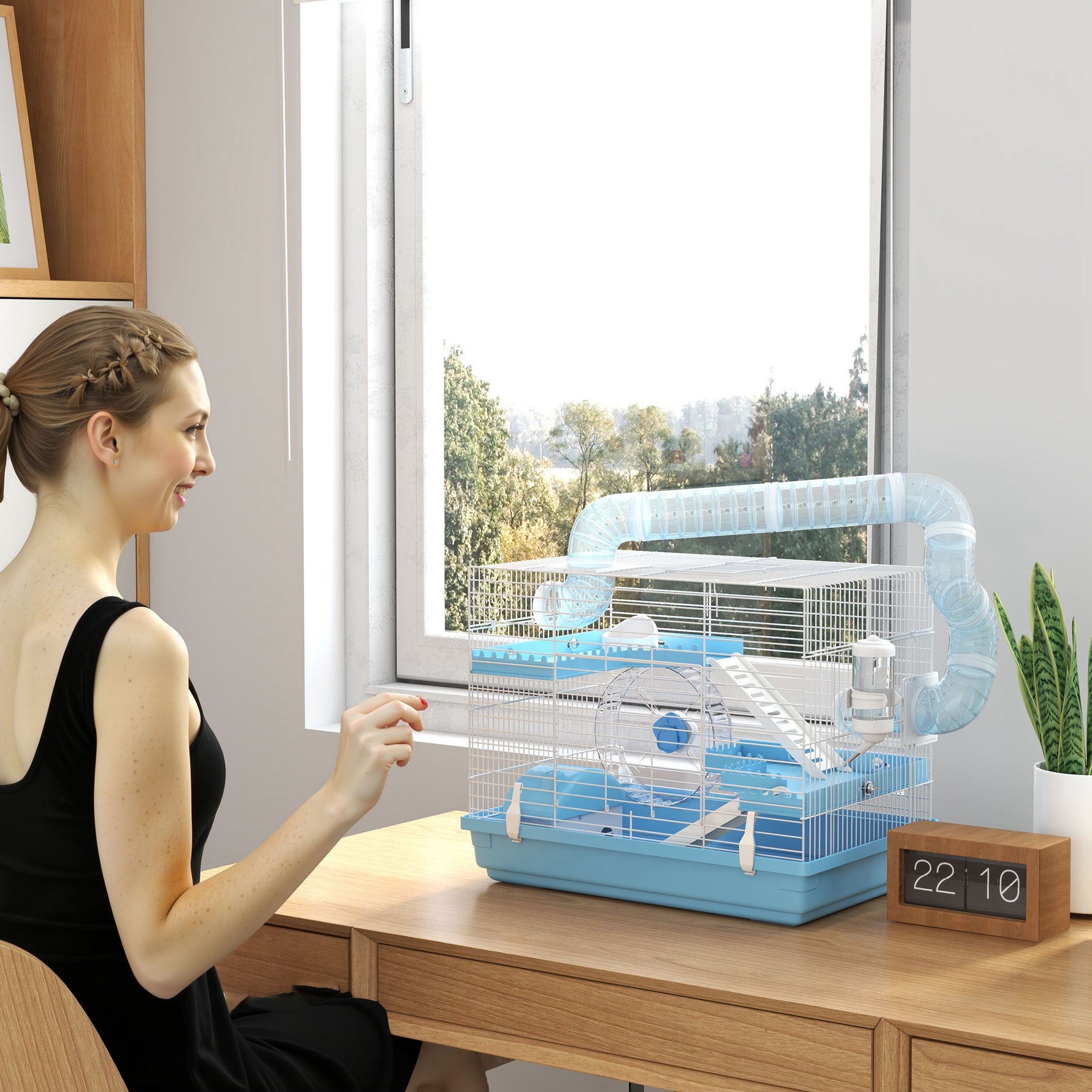 Cage pour hamster portable avec cabane, roue de course, gamelle, bouteille d'eau, 47,5 x 31,5 x 29,5 cm, bleu clair