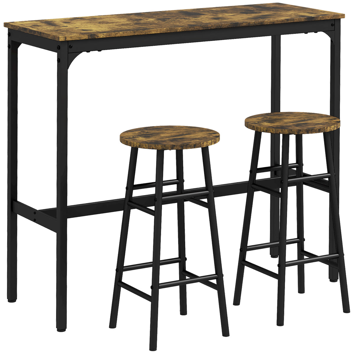 Conjunto de mesa alta de bar + 2 taburetes, estructura de acero, tablero con efecto madera de caoba, para 2 personas, negro