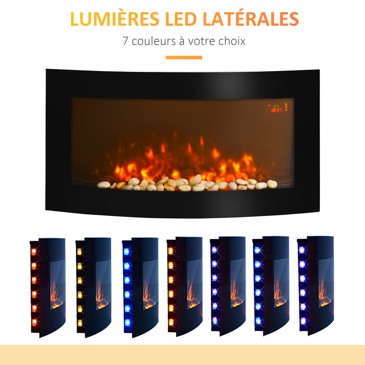 Cheminée électrique Murale éclairages latéraux LED Design Avant-gardiste Affichage LED avec télécommande et minuterie 1000/2000 W luminosité réglable Noir-6