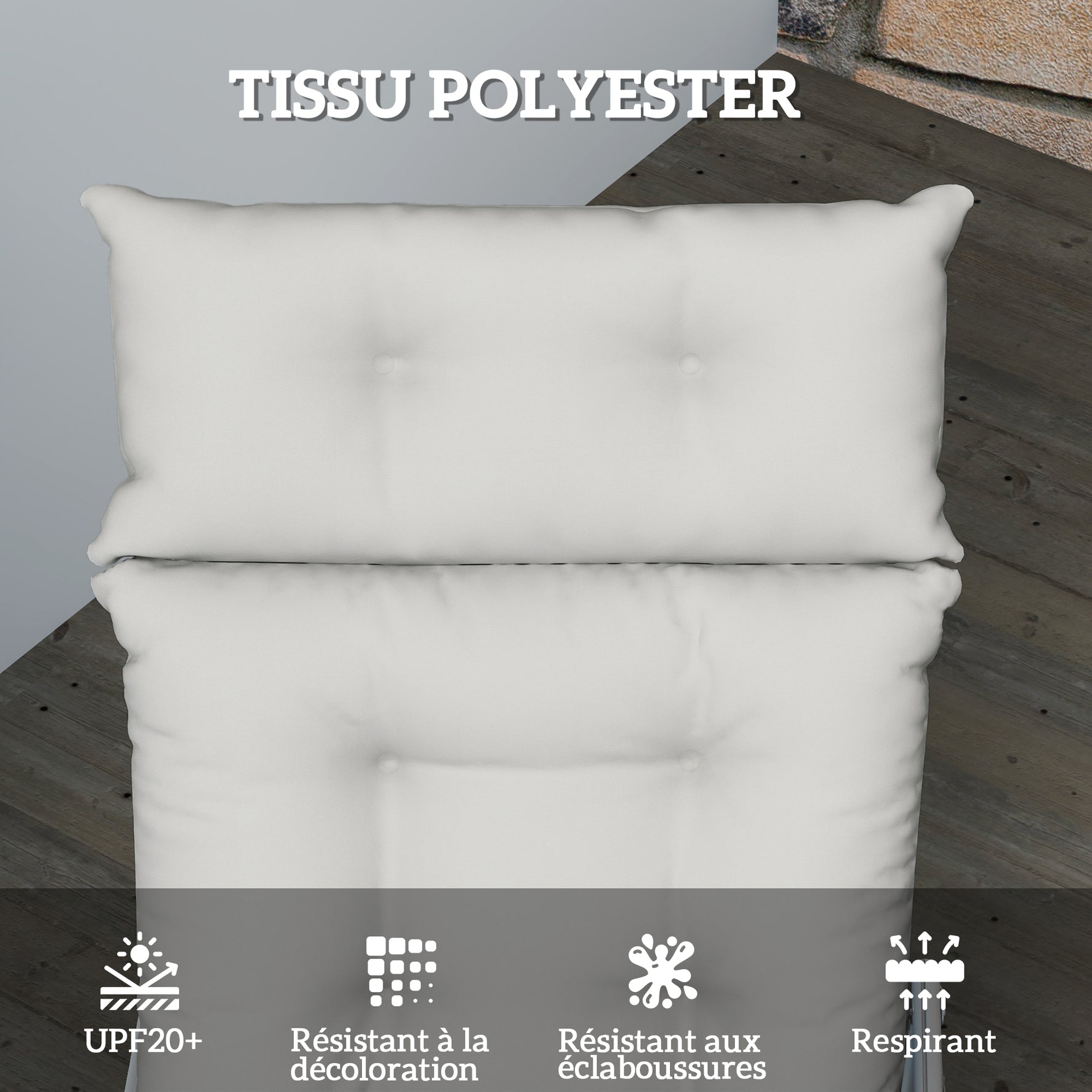 Coussin bain de soleil épais coussin chaise longue 190 x 56 x 10 cm, UPF20+, matelas transat six attaches, gris clair