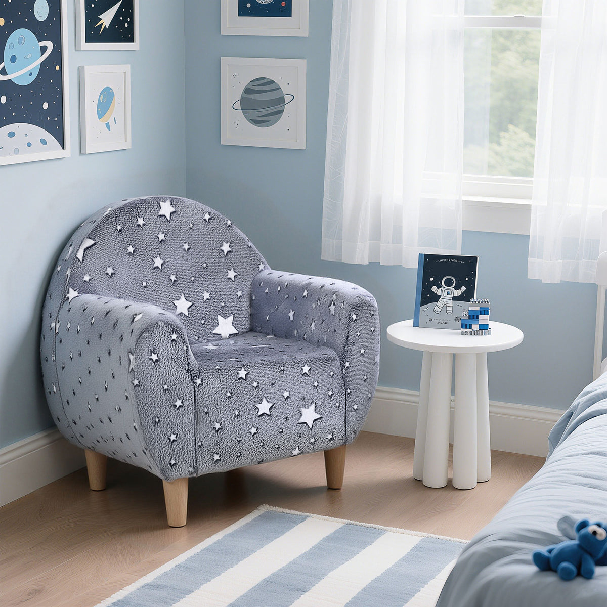 Kinder-Kindersessel, leuchtendes Kindersofa mit Sternenmuster, Samtstoff, für Jungen und Mädchen, Grau