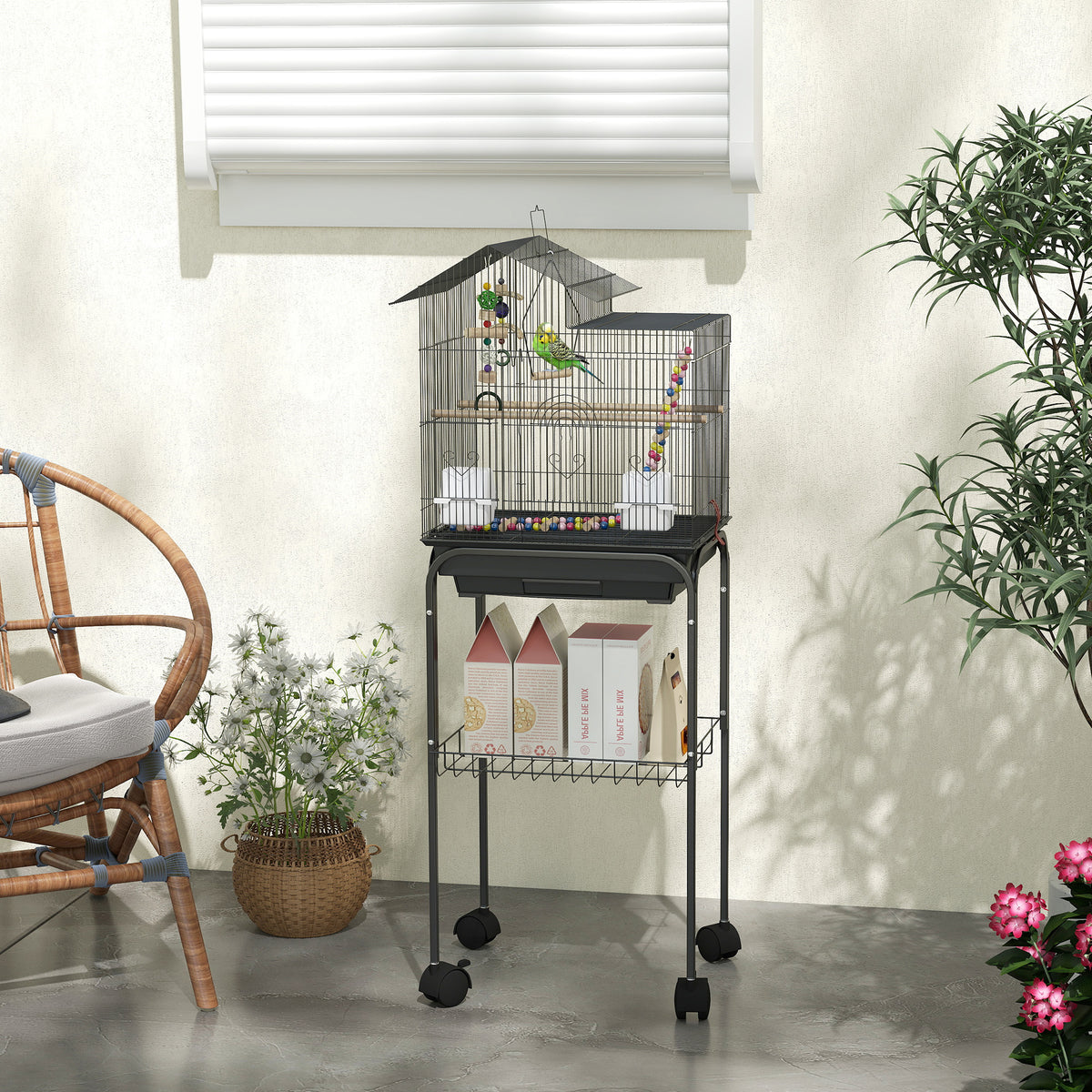 Cage à oiseaux sur roues 46 x 36 x 120 cm 2 mangeoires 2 perchoirs étagère cage pour perruche calopsitte conure pinson canaris