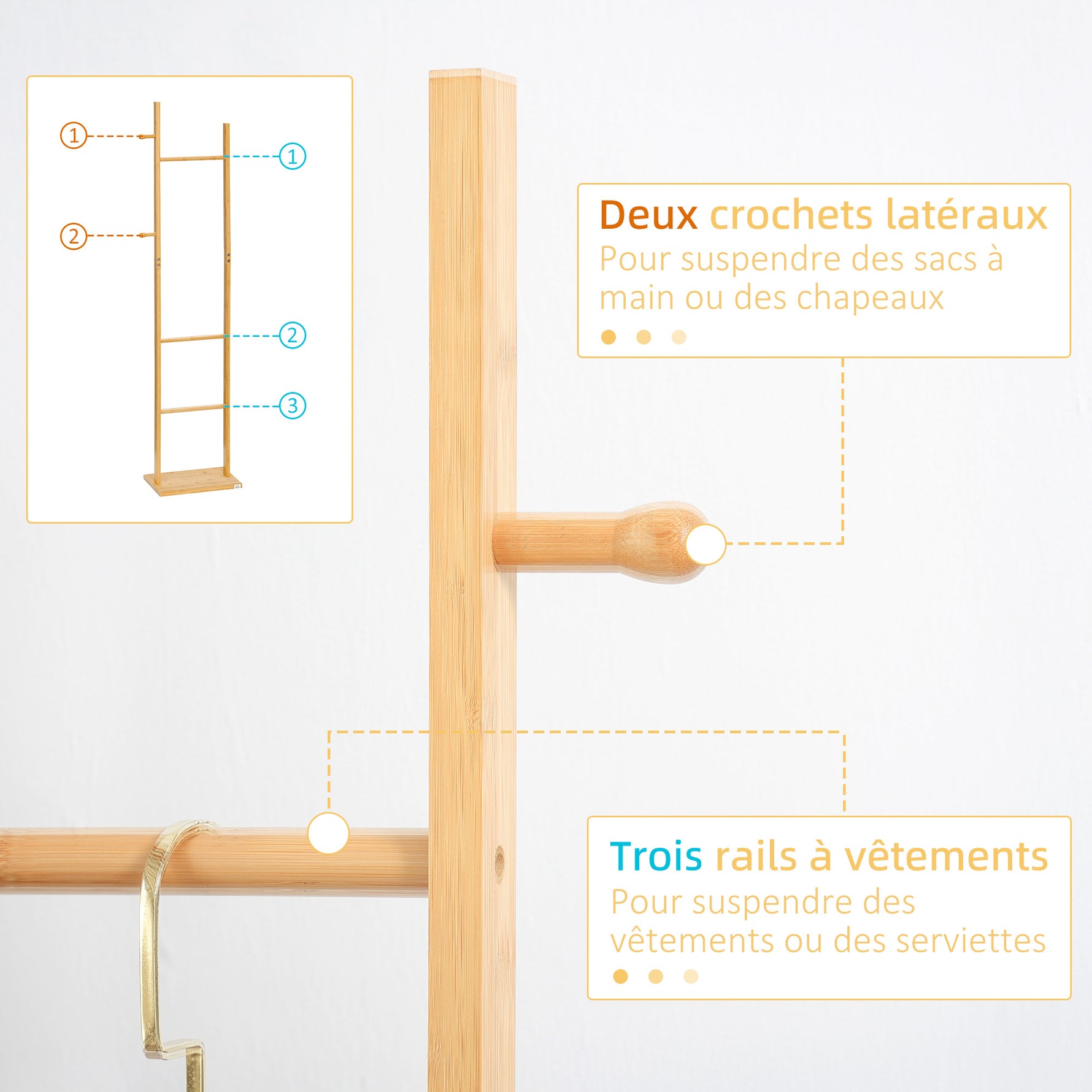 Porte manteau sur pied portant à vêtements, Vestiaire en bois avec 3 tringles et 2 crochets