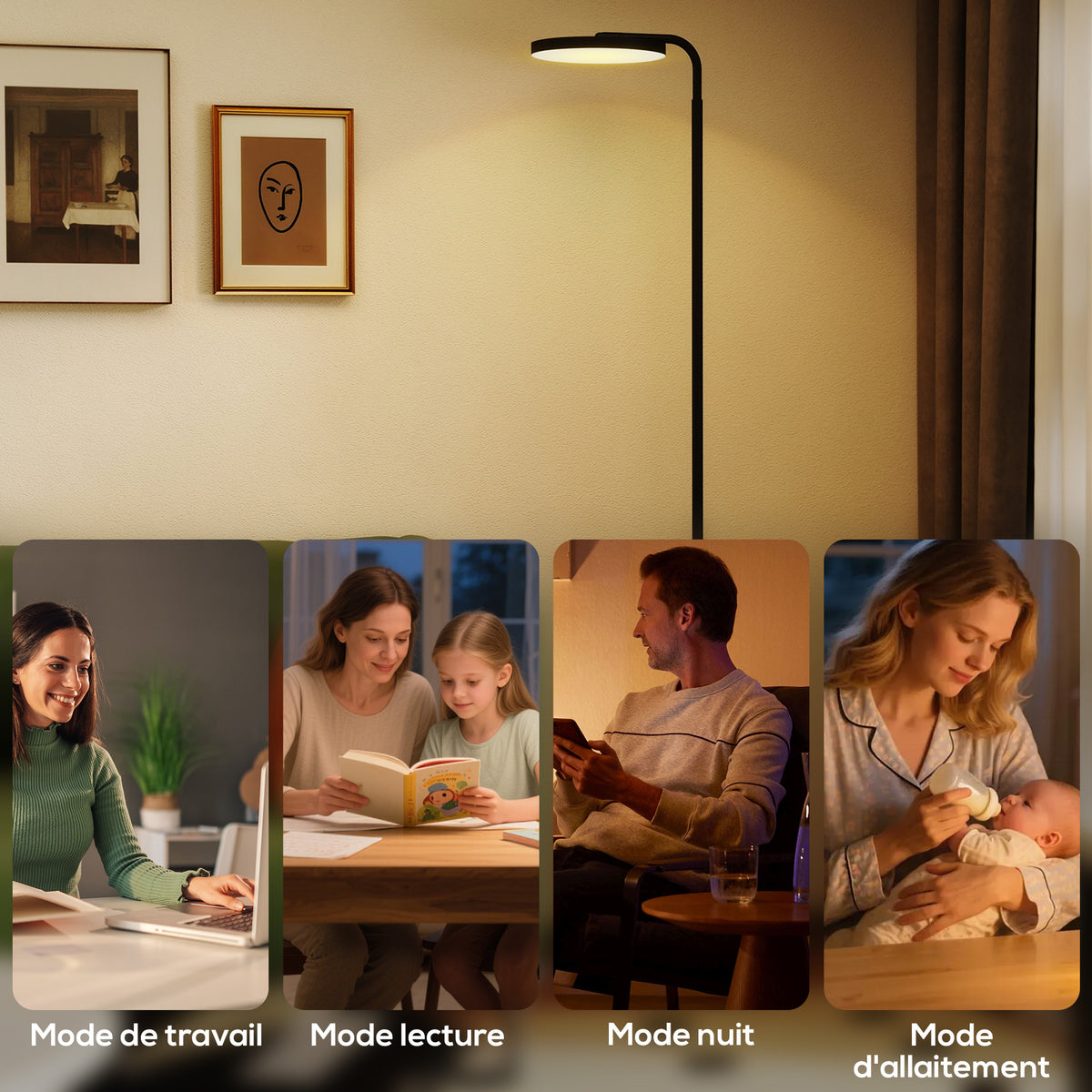 Lampadaire LED, lampe sur pied à intensité variable, tête rotative 350 °, télécommande magnétique, 41x25x177cm, noir