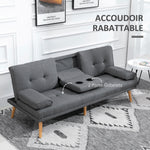 Canapé convertible 3 places, canapé-lit rembourré avec dossier réglable 3 niveaux, 2 coussins et 2 porte-gobelets intégrés, tissu de lin, pour salon, chambre d'amis, petit espace, gris foncé