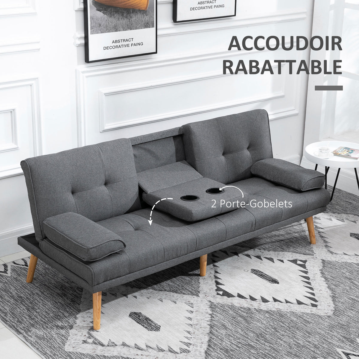 Canapé convertible 3 places, canapé-lit rembourré avec dossier réglable 3 niveaux, 2 coussins et 2 porte-gobelets intégrés, tissu de lin, pour salon, chambre d'amis, petit espace, gris foncé