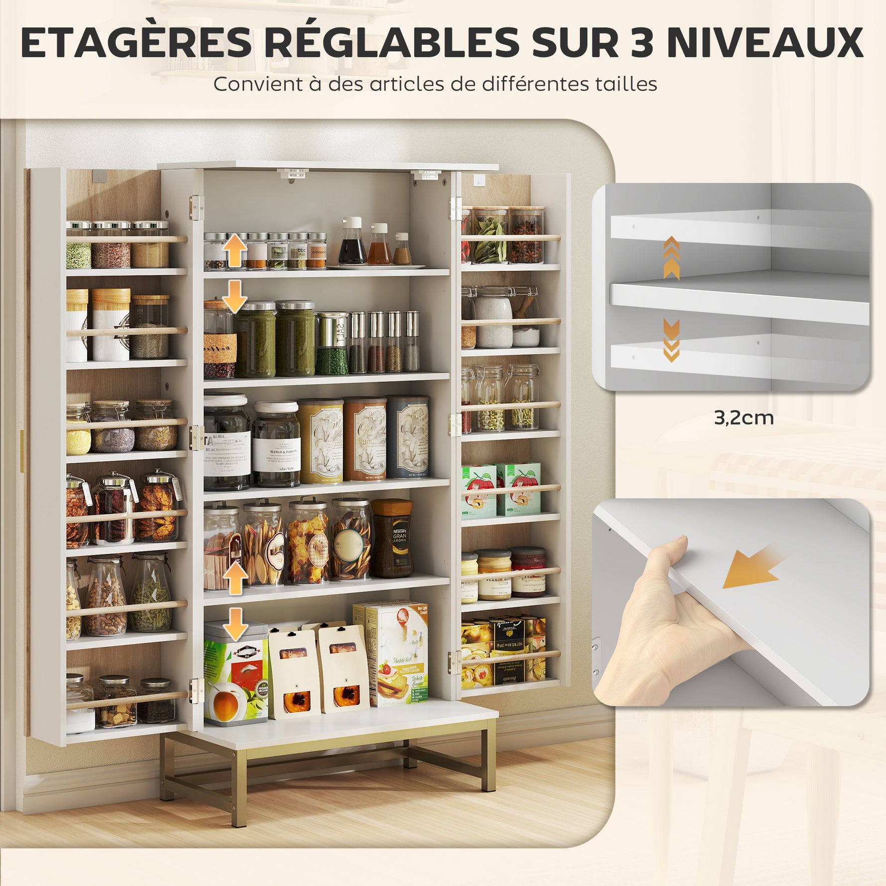 Armoire de cuisine meuble cuisine rangement avec 12 étagères à portes, étagères ajustables, 58x29x119,5cm, blanc