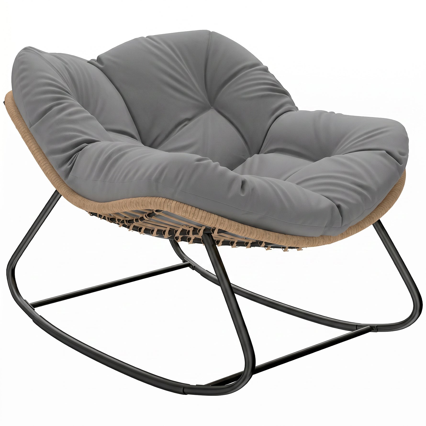 Fauteuil à Bascule Papasan Intérieur Extérieur, Chaise Ovale à Bascule Rembourrée pour Jardin, Patio, Gris