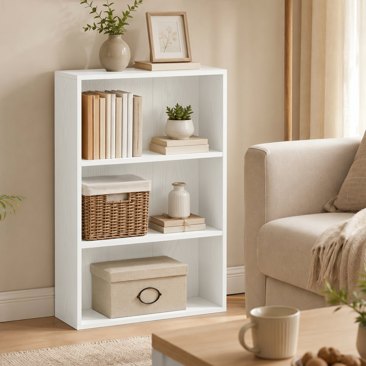 Bibliothèque étagère de rangement avec 3 compartiments et étagère réglable, 60 x 24 x 93 cm, blanc