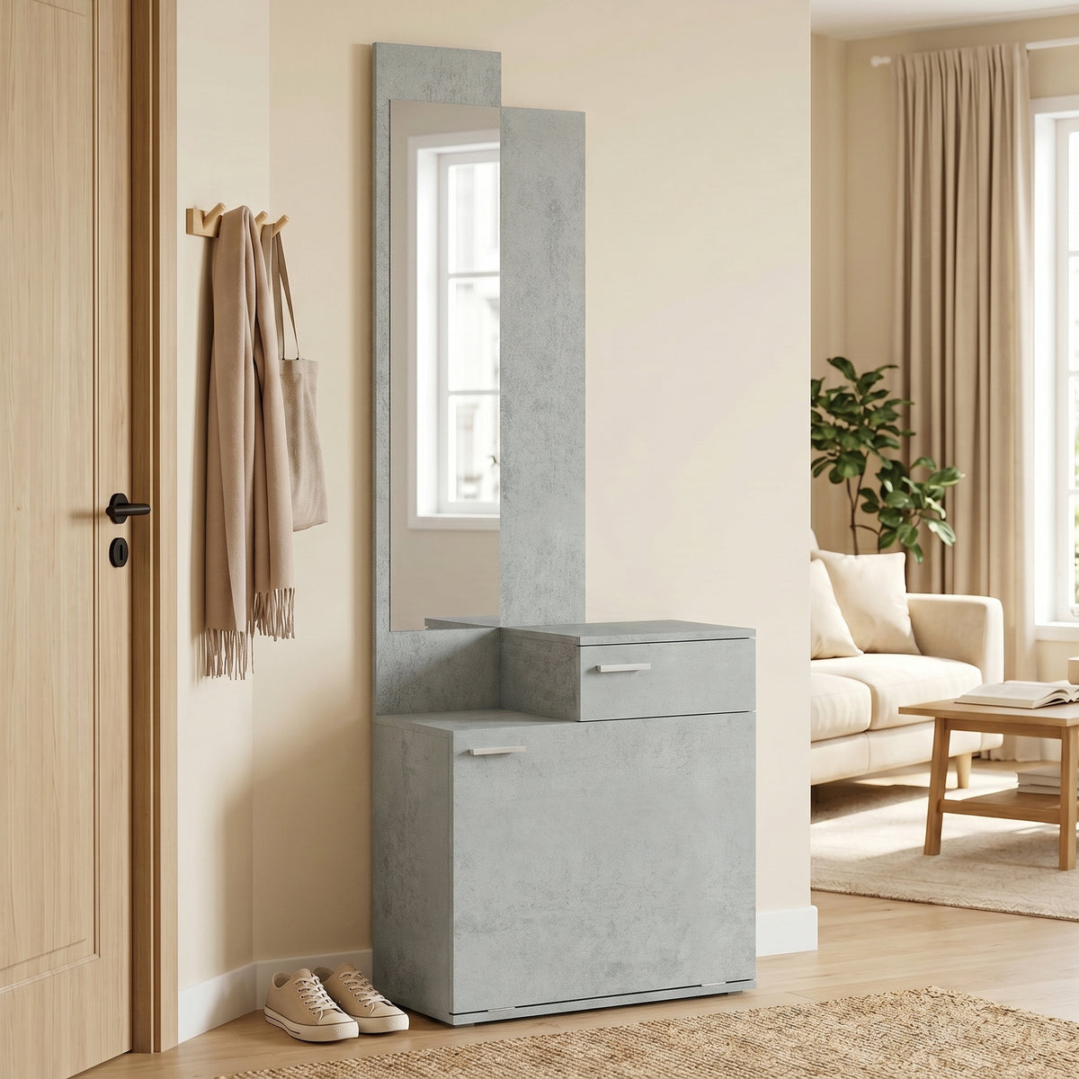 Ensemble meuble d'entrée avec meuble à chaussures abattant, vestiaire avec miroir, tiroir et plateau, gris