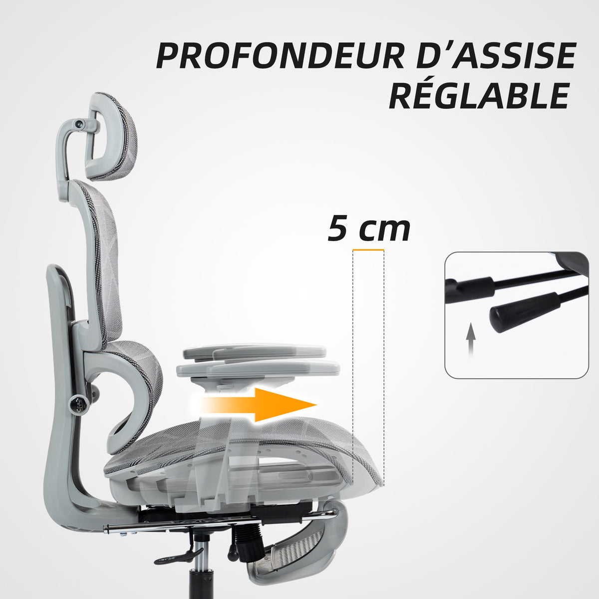 Fauteuil de bureau, chaise de bureau ergonomique en maille avec accoudoirs 3D, dossier inclinable, 66x64x122 cm, gris