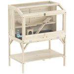 Jaula de madera para hámster, jaula para roedores de 2 niveles, estante de almacenamiento, tapa abatible, 84 x 53 x 110 cm, madera natural
