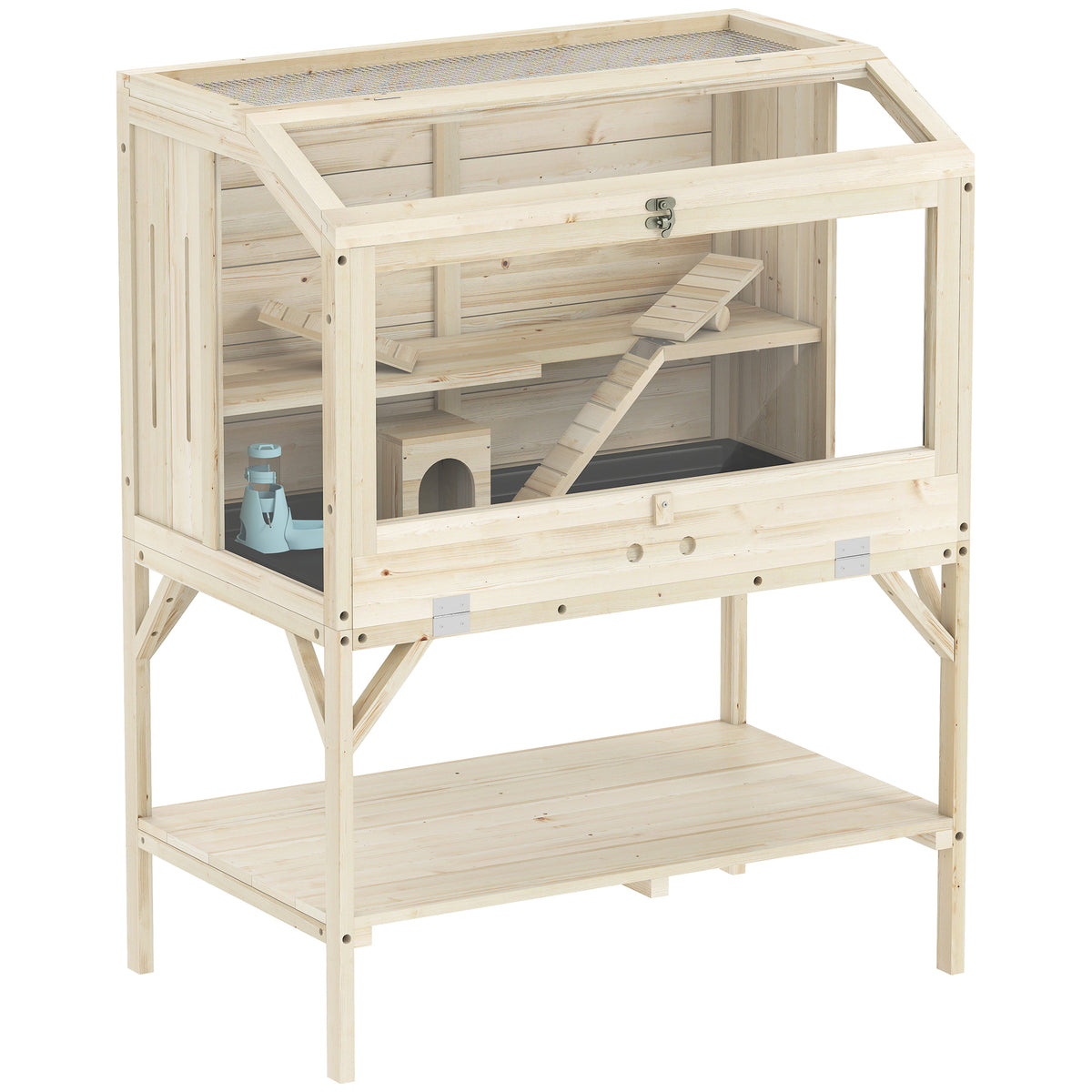 Jaula de madera para hámster, jaula para roedores de 2 niveles, estante de almacenamiento, tapa abatible, 84 x 53 x 110 cm, madera natural