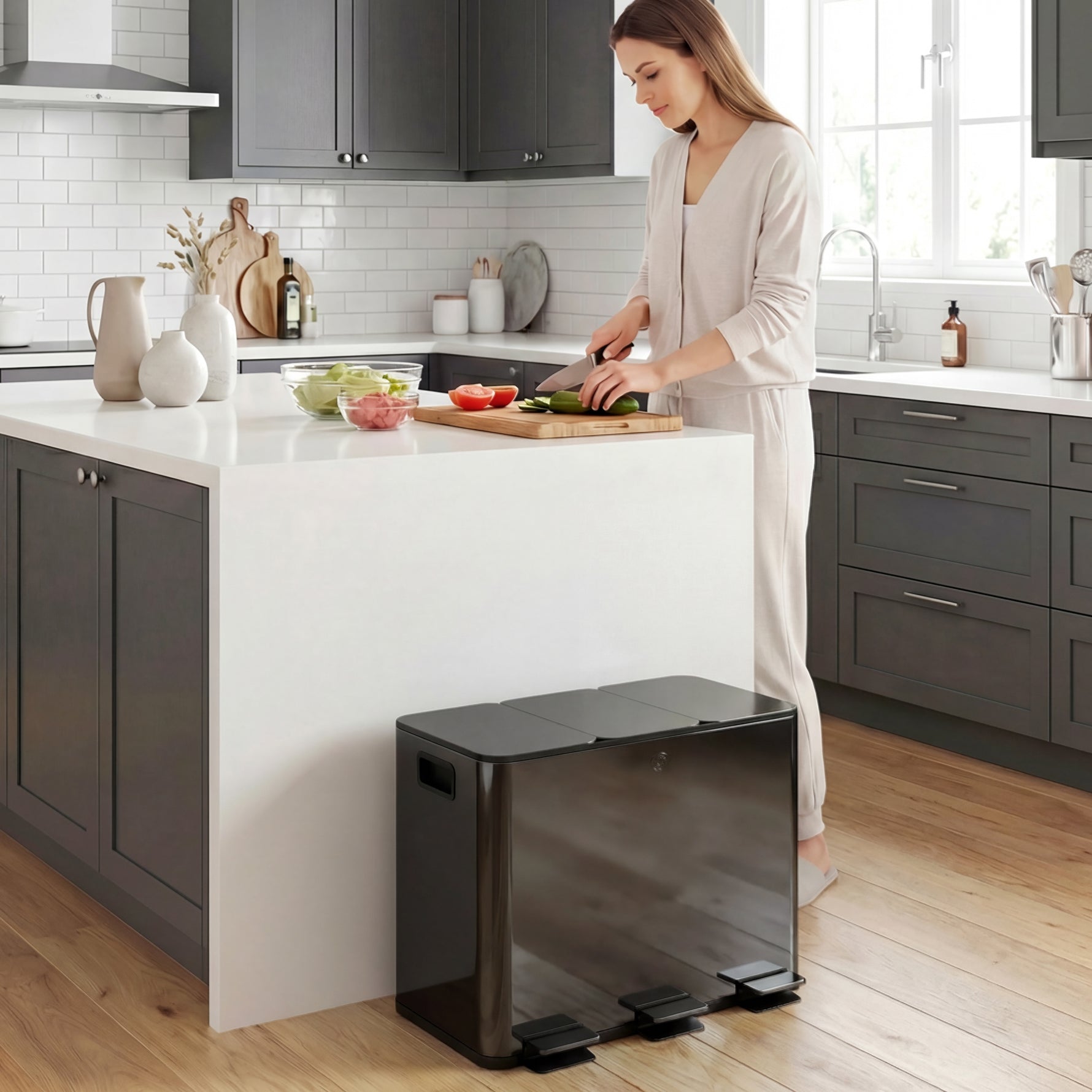 Poubelle de cuisine 45L avec 3 compartiments de 15L, couvercle, seaux intérieurs amovibles, 3 x 15L, noir