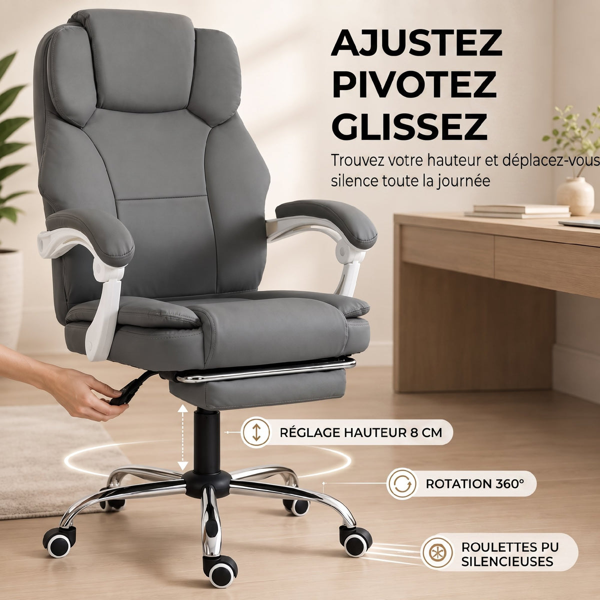 Chaise Bureau Ergonomique, Fauteuil de Bureau Inclinable en Cuir Synthétique Adapté aux Animaux, Hauteur Réglable, Gris