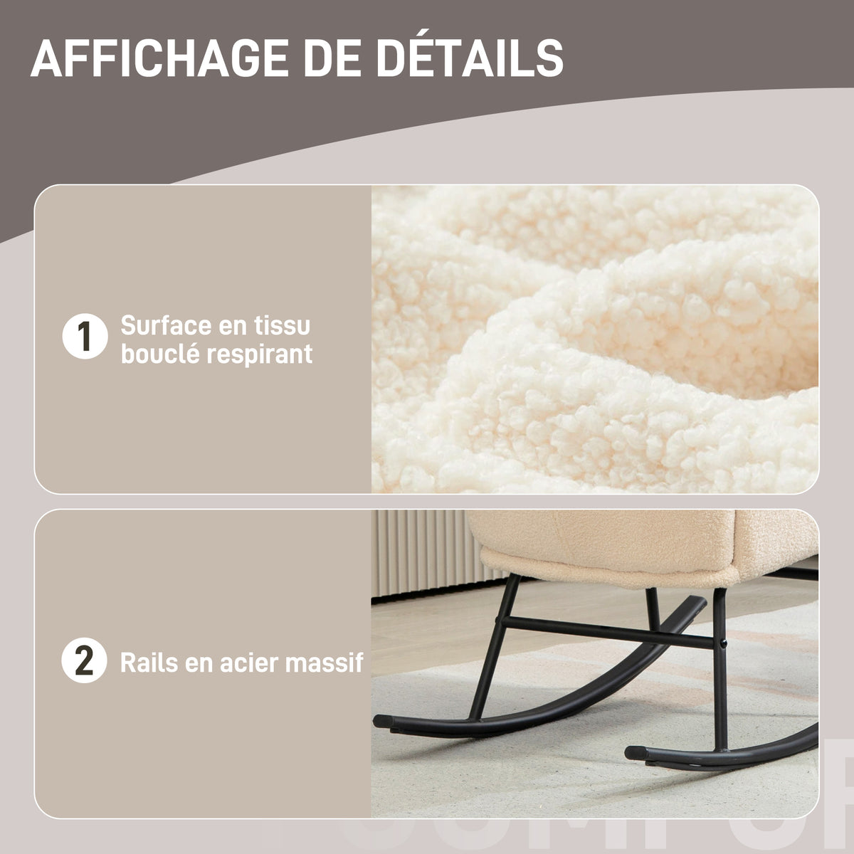 Fauteuil à bascule, chaise à bascule, avec assise de 10 cm d'épaisseur, pieds incurvés en acier, beige et noir