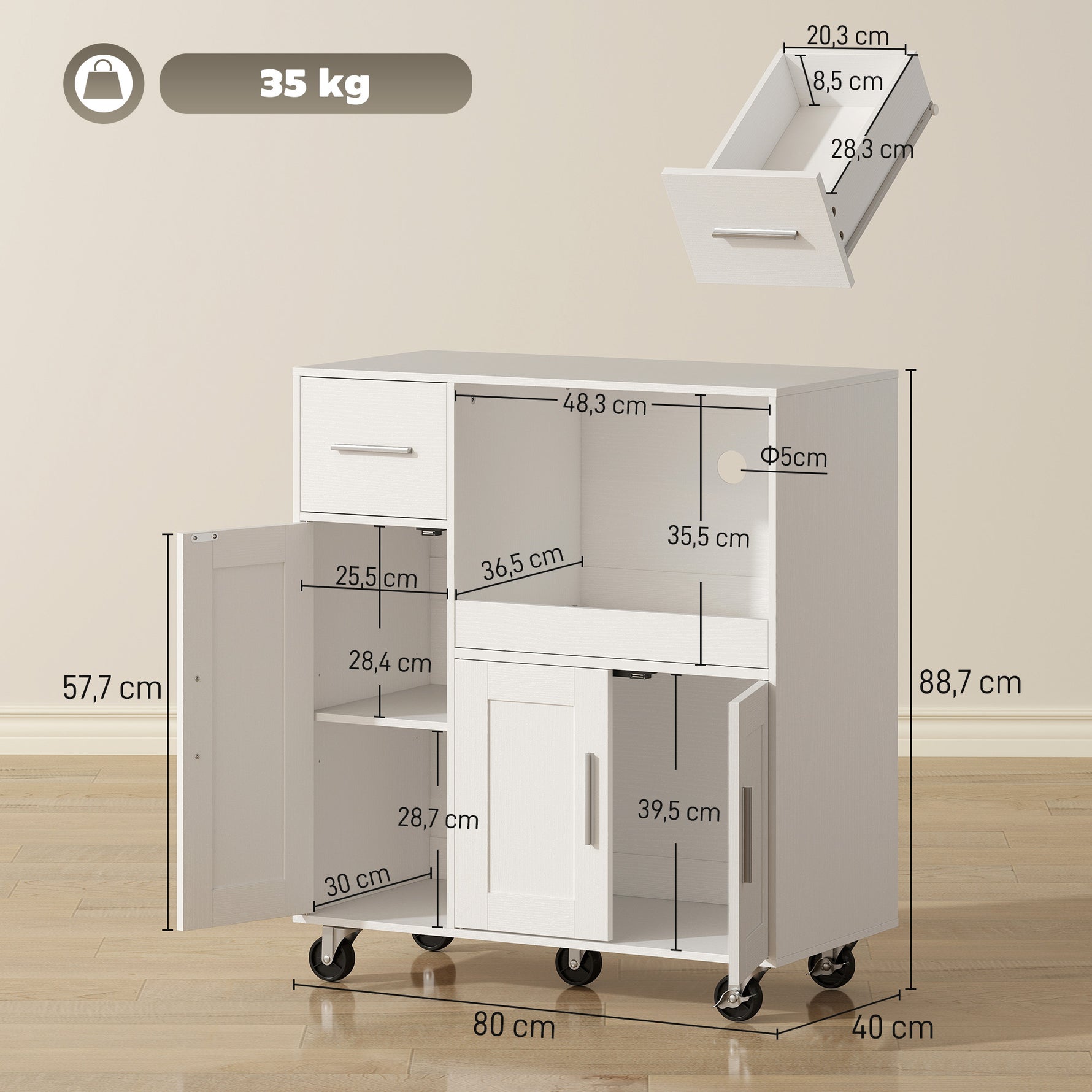 Desserte cuisine à roulettes, meuble micro onde, plateau coulissant, tiroir, placards 3 portes, 80x40x88,7cm, blanc