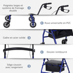 Déambulateur 4 roues - déambulateur pliable léger - assise + dossier rembourré - poignées ergonomiques, freins à main - panier rangement - métal bleu
