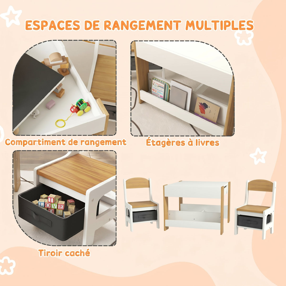 Ensemble 3 pièces table et 2 chaises pour enfant avec plateau réversible tableau noir, panier de rangement, étagères
