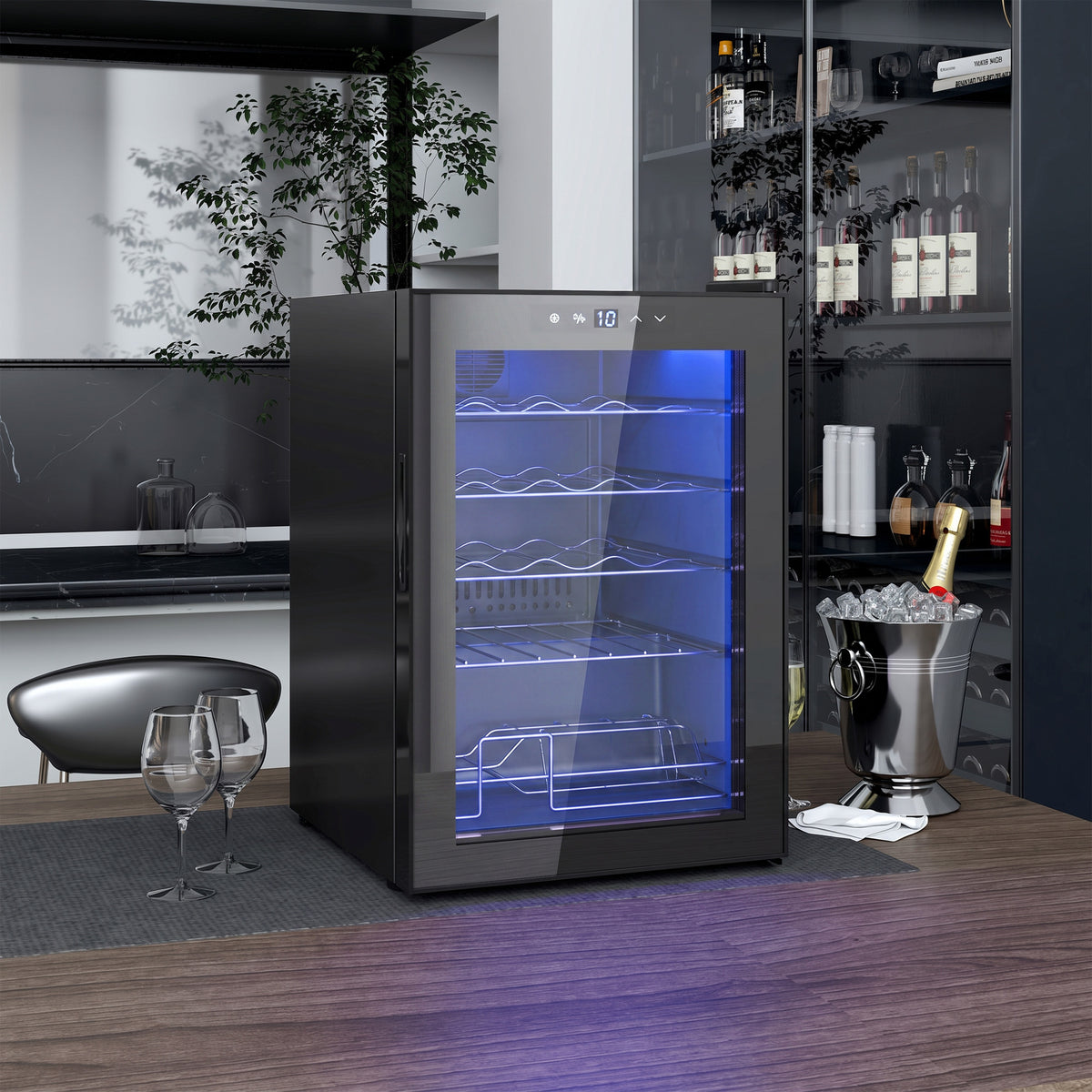 Cave à vin 20 bouteilles 53L haute performance température réglable 5-18° avec lumière LED, noir